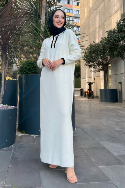 Oversize Düğmeli V Yaka Fitilli Triko Tesettür Elbise Oversize Düğmeli V Yaka Fitilli Triko Tesettür Elbise