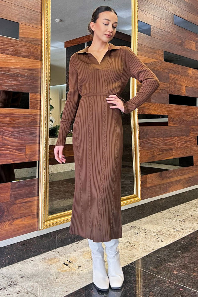 Kahve Kadın Polo Yaka Bel Bağlamalı Uzun Triko Elbise Kahve Kadın Polo Yaka Bel Bağlamalı Uzun Triko Elbise