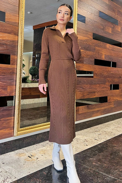 Kahve Kadın Polo Yaka Bel Bağlamalı Uzun Triko Elbise Kahve Kadın Polo Yaka Bel Bağlamalı Uzun Triko Elbise