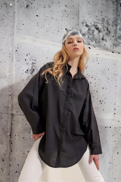 Kadın Siyah Oversize Uzun Basic Gömlek Kadın Siyah Oversize Uzun Basic Gömlek