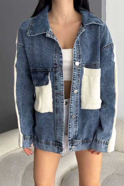Kadın Standart Beden Triko Detaylı Denim Kot Ceket Kadın Standart Beden Triko Detaylı Denim Kot Ceket