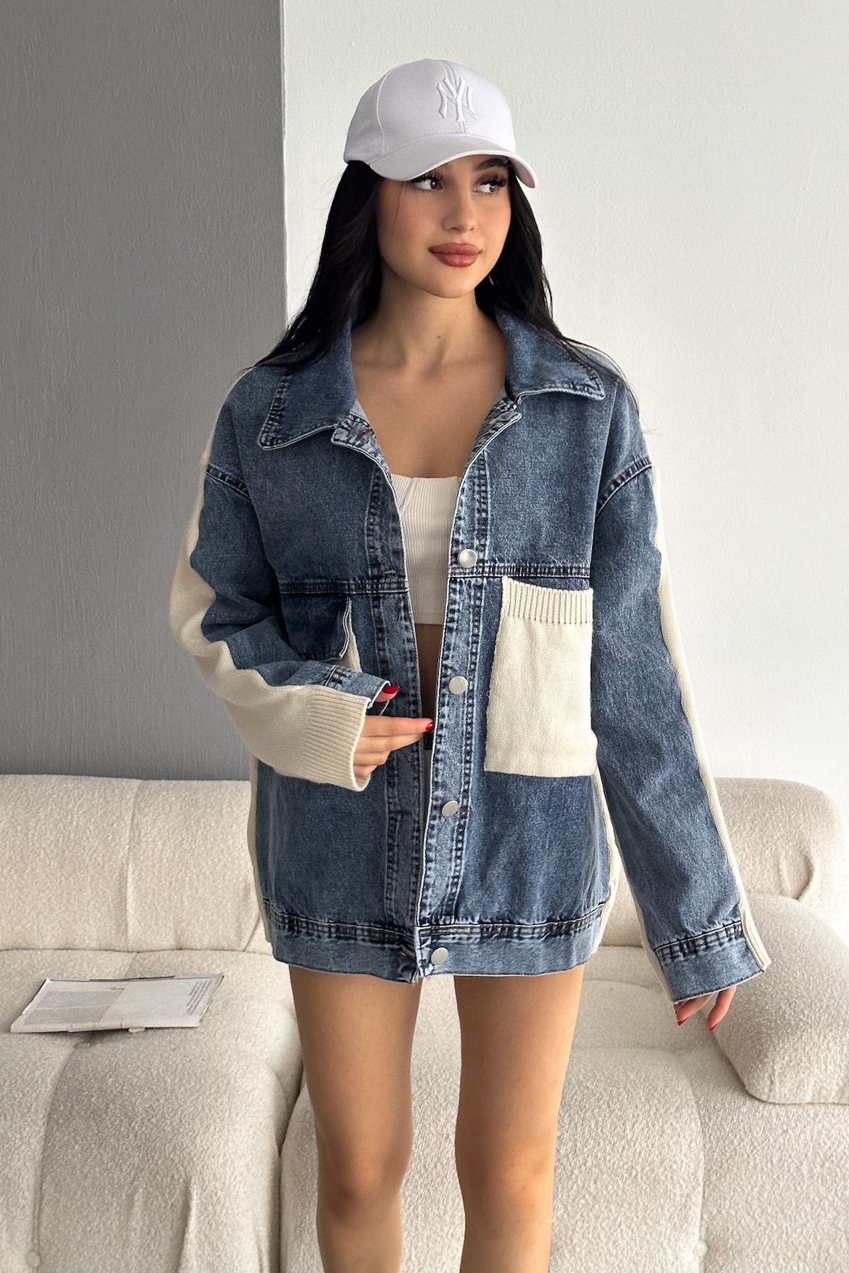 Kadın Standart Beden Triko Detaylı Denim Kot Ceket Kadın Standart Beden Triko Detaylı Denim Kot Ceket