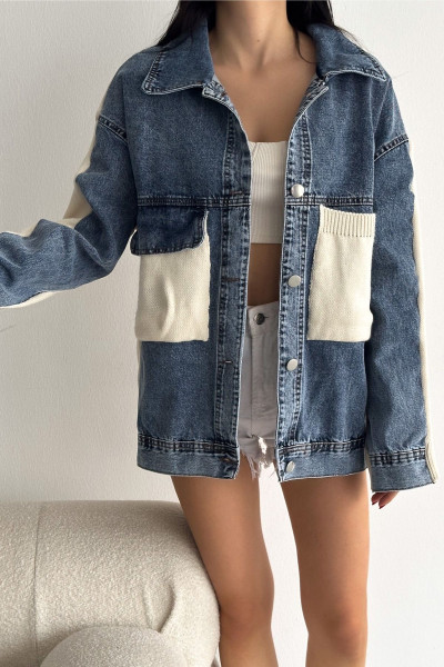Kadın Standart Beden Triko Detaylı Denim Kot Ceket Kadın Standart Beden Triko Detaylı Denim Kot Ceket
