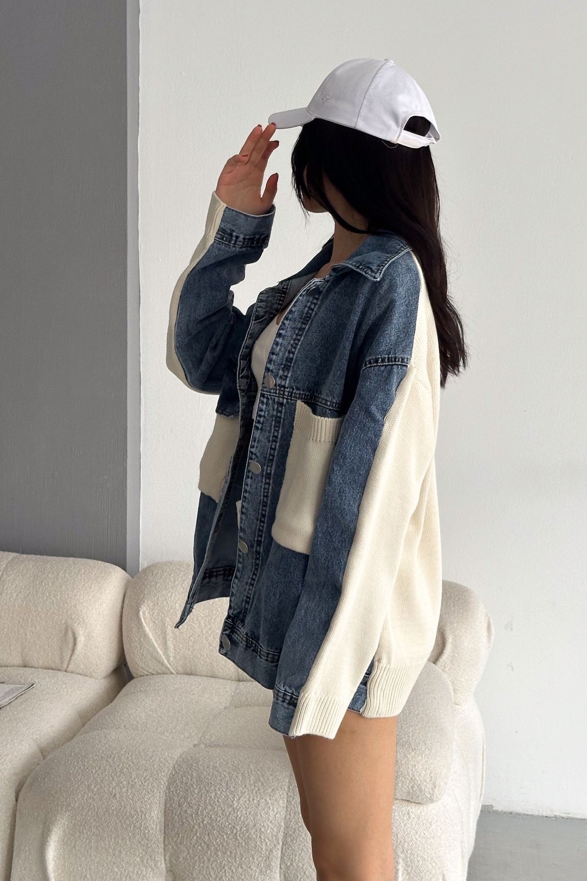 Kadın Standart Beden Triko Detaylı Denim Kot Ceket Kadın Standart Beden Triko Detaylı Denim Kot Ceket