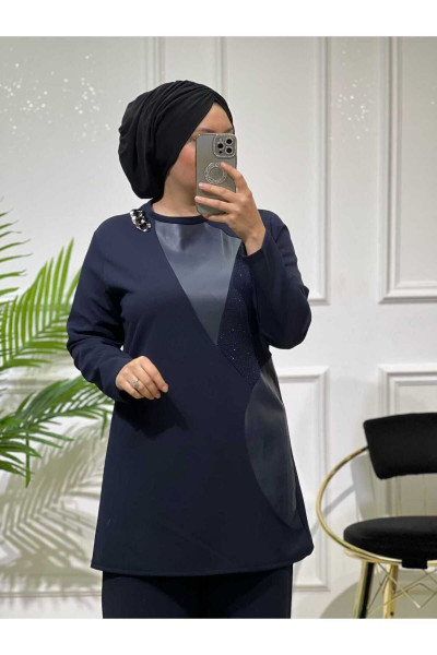 LACİVERT DERİ DETAY ZİNCİR AKSESURLI TAKIM