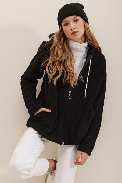 Kadın Siyah Kapüşonlu Önü Fermuarlı Çift Cepli Oversize Peluş Sweatshirt ALC-X7332 Kadın Siyah Kapüşonlu Önü Fermuarlı Çift Cepli Oversize Peluş Sweatshirt ALC-X7332