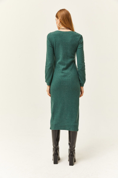 Kadın Yeşil V Yaka Düğmeli Kalın Fitilli Midi Elbise ELB-19002024