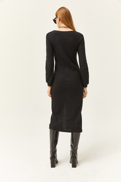 Kadın Siyah V Yaka Düğmeli Kalın Fitilli Midi Elbise ELB-19002024 Kadın Siyah V Yaka Düğmeli Kalın Fitilli Midi Elbise ELB-19002024