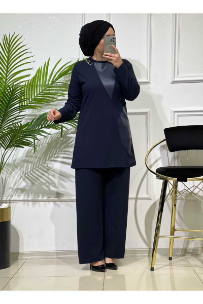 LACİVERT DERİ DETAY ZİNCİR AKSESURLI TAKIM