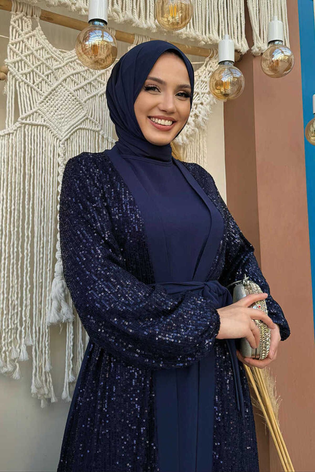 Pulpayet İşlemeli Abaya ve Elbise Takım 8483 Lacivert Pulpayet İşlemeli Abaya ve Elbise Takım 8483 Lacivert