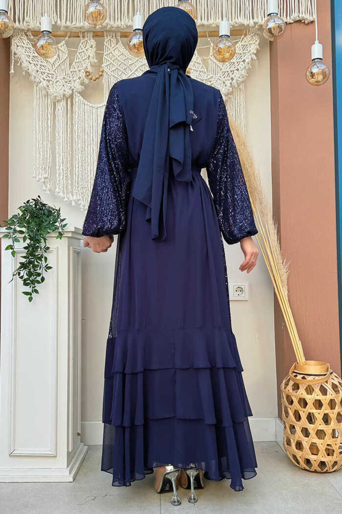 Pulpayet İşlemeli Abaya ve Elbise Takım 8483 Lacivert Pulpayet İşlemeli Abaya ve Elbise Takım 8483 Lacivert