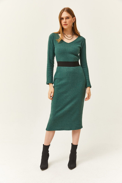 Kadın Yeşil Havuz Yaka Kalın Fitilli Midi Elbise ELB-19002021