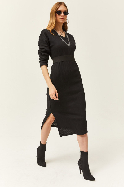 Kadın Siyah V Vaka Yanı Yanı Yırtmaçlı Kalın Fitilli Elbise ELB-19002027 Kadın Siyah V Vaka Yanı Yanı Yırtmaçlı Kalın Fitilli Elbise ELB-19002027