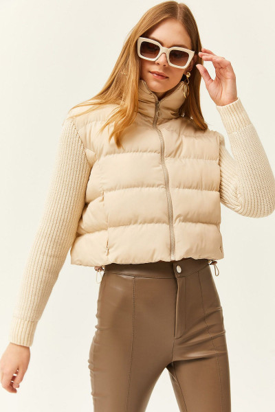 Kadın Taş Triko Kollu Crop Şişme Mont MNT-19000040 Kadın Taş Triko Kollu Crop Şişme Mont MNT-19000040