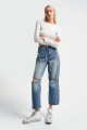 Kadın Tint Kot Rengi Relax Fit Dizden Yırtık Denim Kadın Tint Kot Rengi Relax Fit Dizden Yırtık Denim