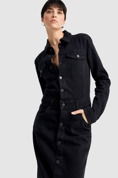 Kadın Siyah Black Od Renk Önü Düğmeli Uzun Denim Elbise Kadın Siyah Black Od Renk Önü Düğmeli Uzun Denim Elbise
