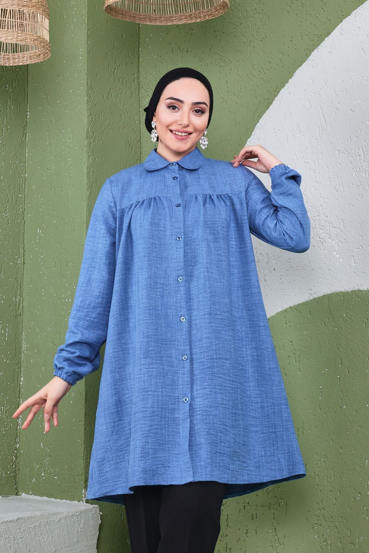 Önü Büzgülü Kolu Lastikli Kadın İthal Keten Tunik Gömlek Önü Büzgülü Kolu Lastikli Kadın İthal Keten Tunik Gömlek
