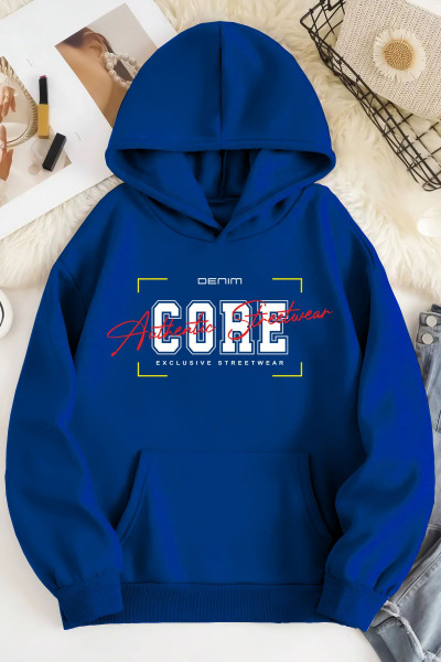 Unisex 2ip Şardonlu DENİM CORE Baskılı Sax Oversize Sweatshirt