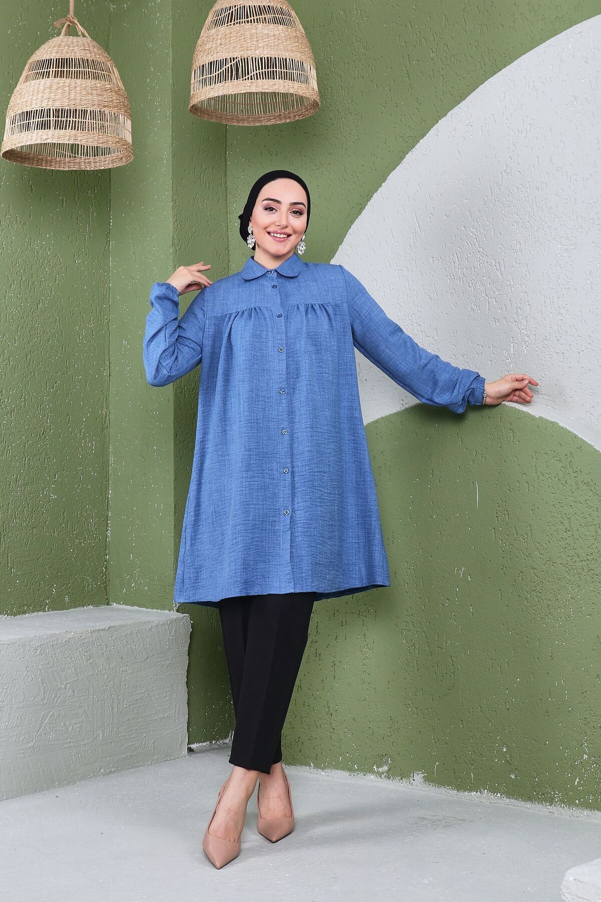 Önü Büzgülü Kolu Lastikli Kadın İthal Keten Tunik Gömlek Önü Büzgülü Kolu Lastikli Kadın İthal Keten Tunik Gömlek