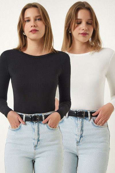 Kadın Siyah Beyaz Bisiklet Yaka Saran 2'Li Paket Basic Örme Bluz RX00049 Kadın Siyah Beyaz Bisiklet Yaka Saran 2'Li Paket Basic Örme Bluz RX00049