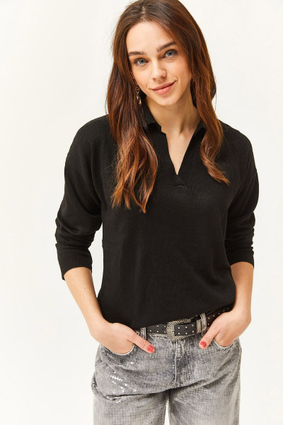 Kadın Siyah Polo Yaka İnce Triko Kazak KZK-19000789 Kadın Siyah Polo Yaka İnce Triko Kazak KZK-19000789