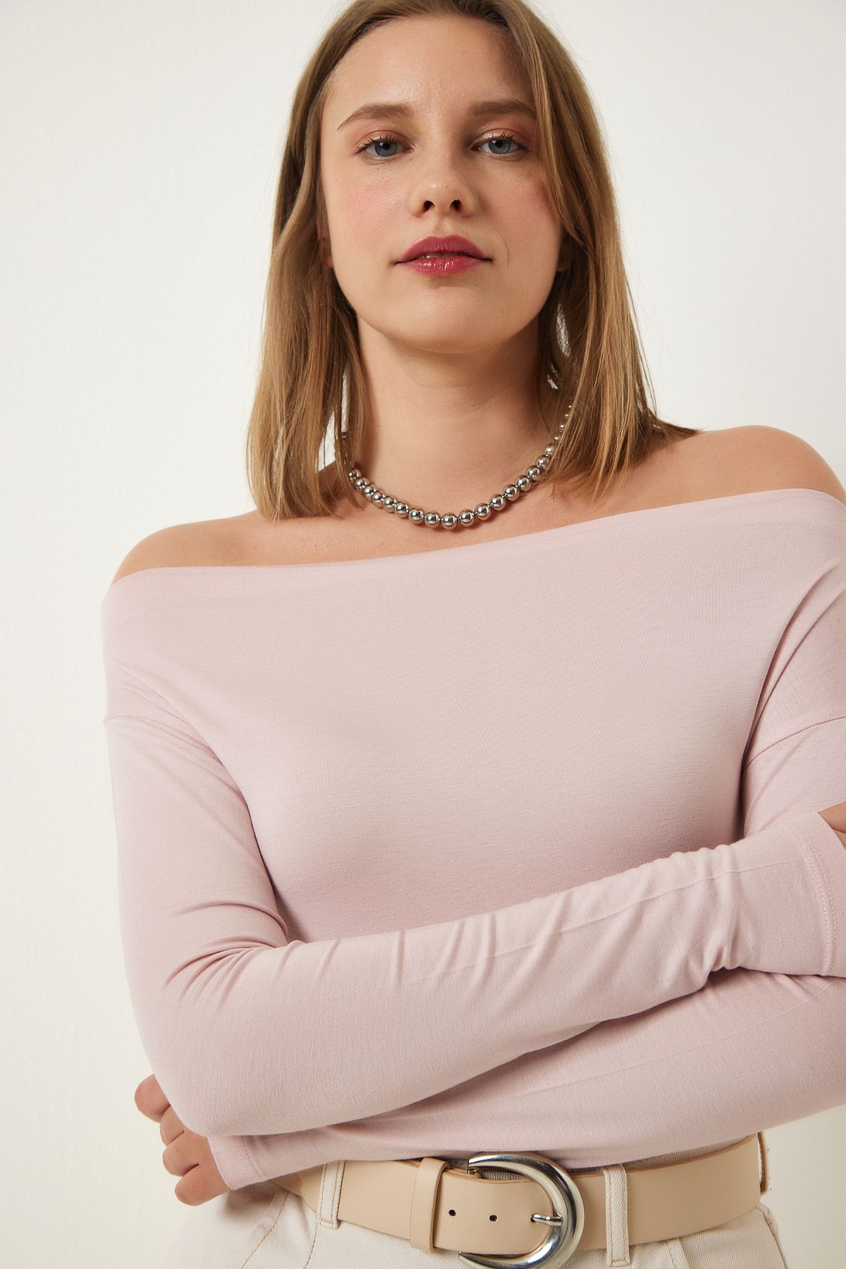 Kadın Pudra Kayık Yaka Örme Bluz RX00046 Kadın Pudra Kayık Yaka Örme Bluz RX00046