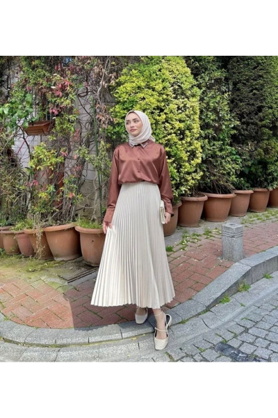 Tesettür Kadın Saten Görünümlü Piliseli Etek Tesettür Kadın Saten Görünümlü Piliseli Etek