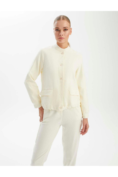 Premium Seri Ekru Bağcık Detay Cepli Bomber Ceket