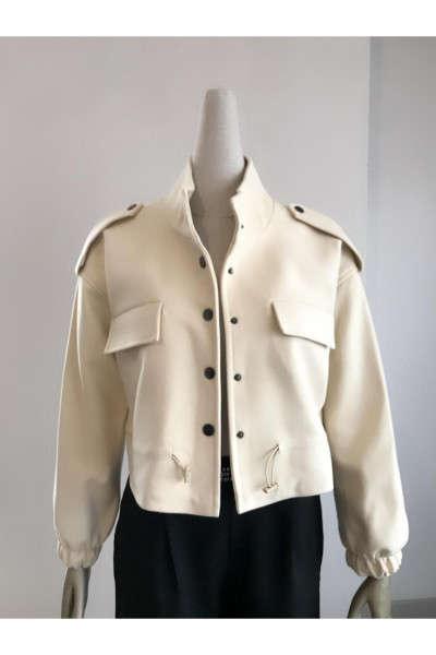 Omuz Apoletli Bel Büzgü Detaylı Taş Rengi Kaşe Bomber Ceket