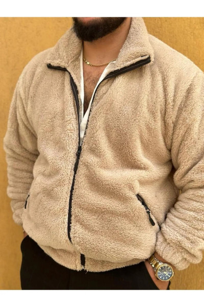 Sütlü Kahve Peluş Wellsoft Dik Yaka Cepleri Fermuarlı Oversize Kesim Peluş Ceket