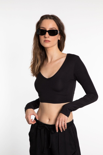 Soft Touch V Yaka Kısa Bluz Siyah