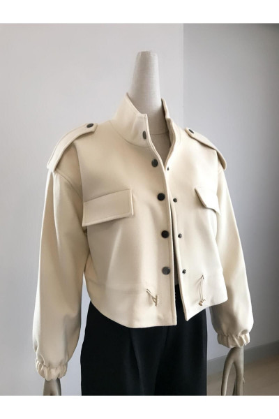 Omuz Apoletli Bel Büzgü Detaylı Taş Rengi Kaşe Bomber Ceket Omuz Apoletli Bel Büzgü Detaylı Taş Rengi Kaşe Bomber Ceket