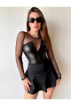 Tül Detay Deri Bodysuit Çıtçıtlı Bodysuit Tül Detay Deri Bodysuit Çıtçıtlı Bodysuit