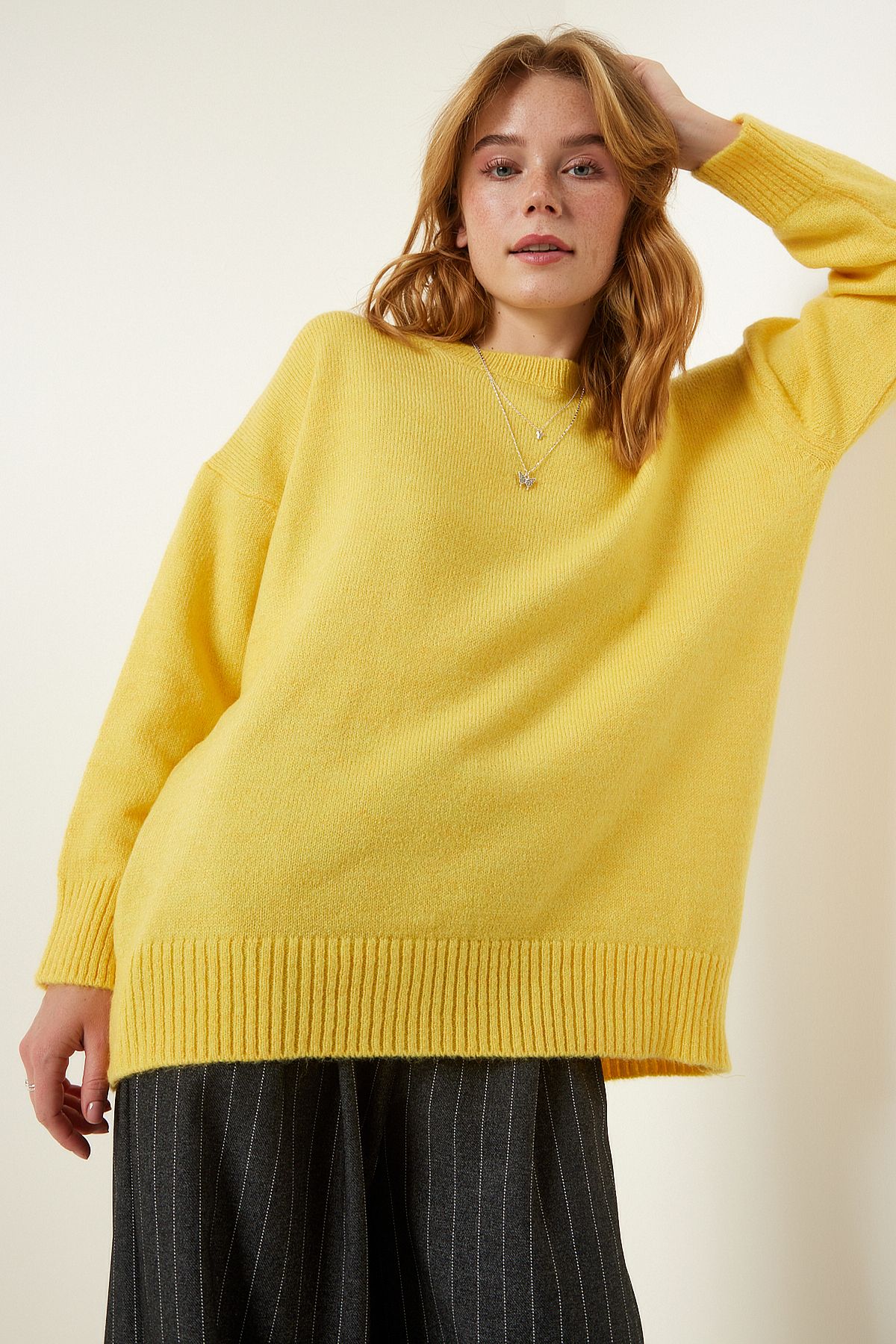 Kadın Sarı Oversize Triko Kazak PN00054 Kadın Sarı Oversize Triko Kazak PN00054
