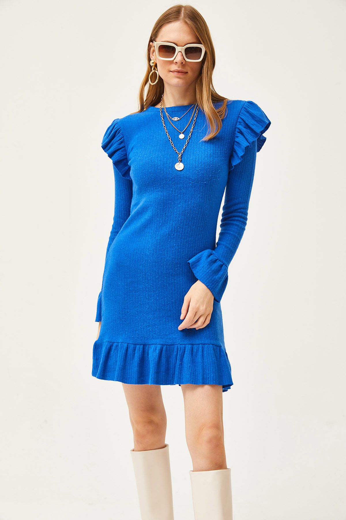 Kadın Saks Mavi Fırfır Detaylı Şardonlu Fitilli Elbise ELB-19002038