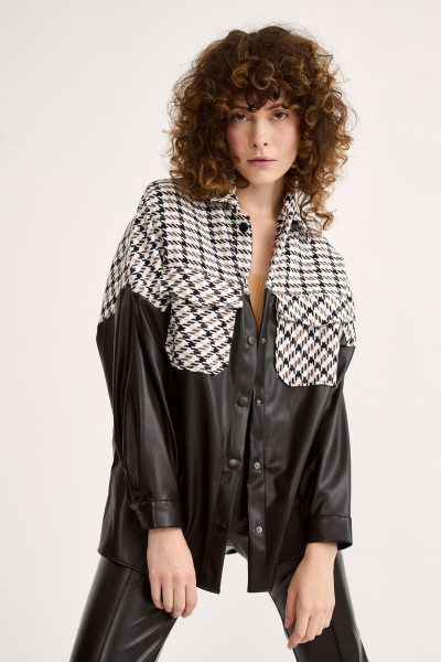 Kazayağı Oversize Deri Gömlek - Kahve