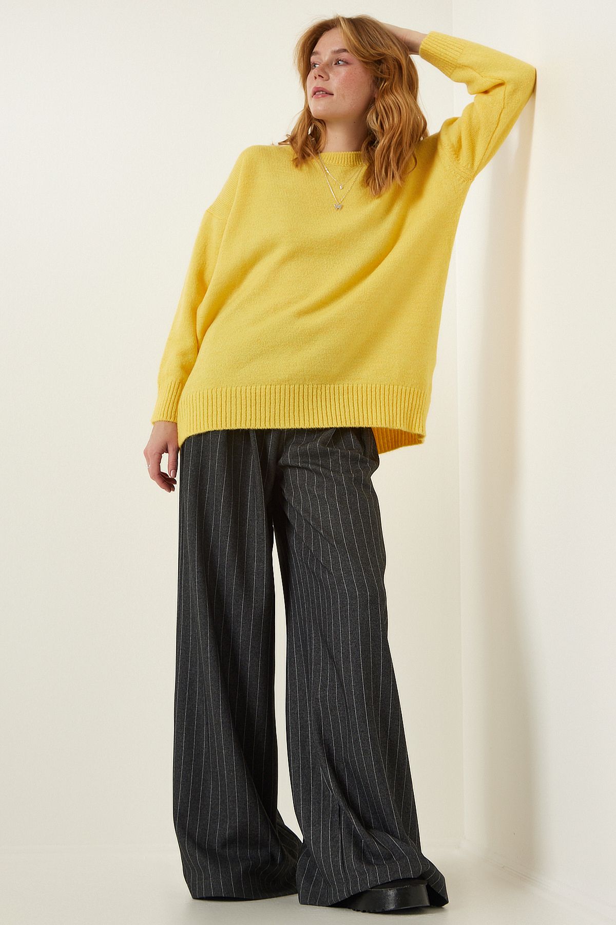 Kadın Sarı Oversize Triko Kazak PN00054 Kadın Sarı Oversize Triko Kazak PN00054