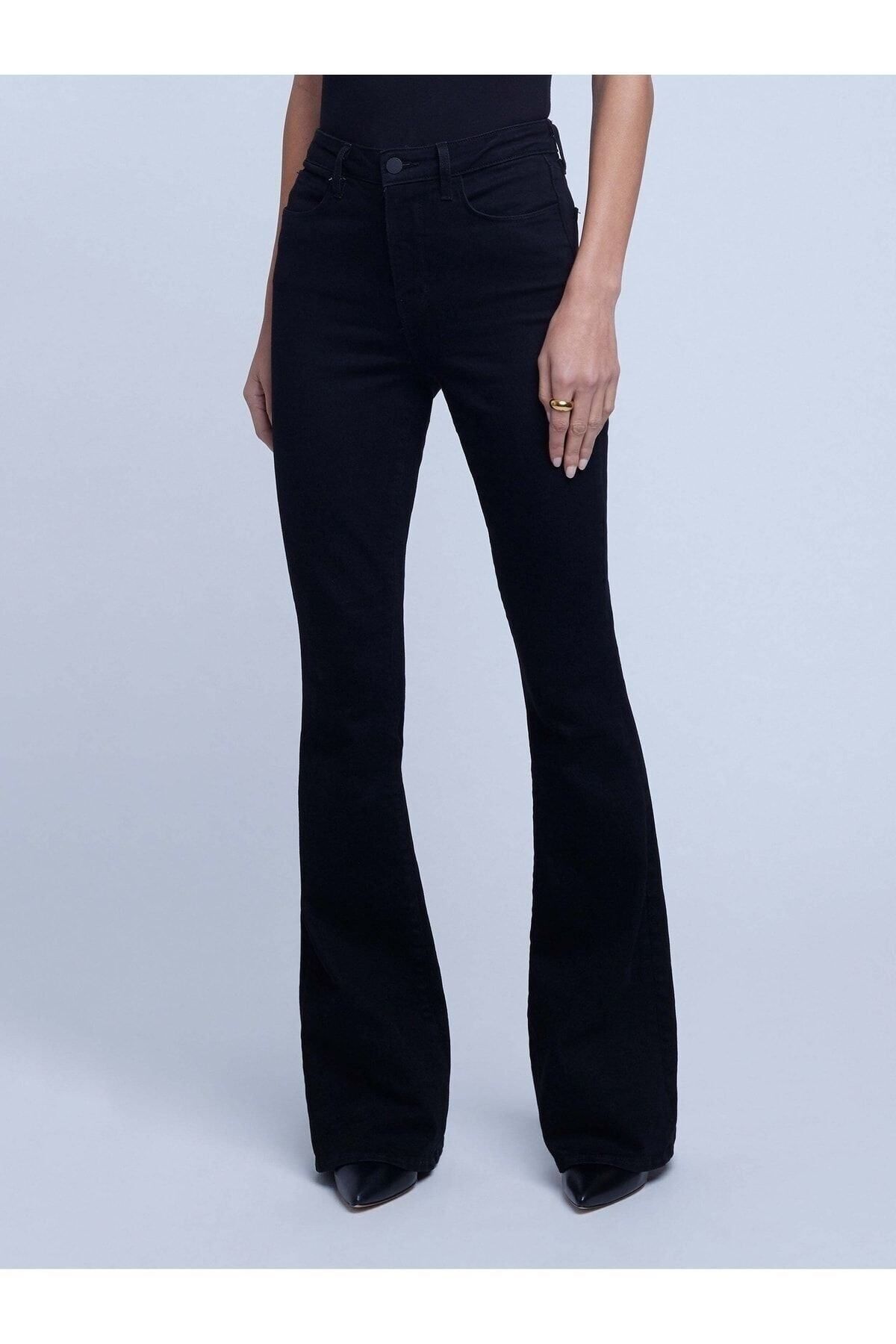Siyah İspanyol Paça Flare Kadın Jeans Pantolon Siyah İspanyol Paça Flare Kadın Jeans Pantolon