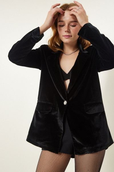 Kadın Siyah Şık Kadife Blazer Ceket UB00223 Kadın Siyah Şık Kadife Blazer Ceket UB00223