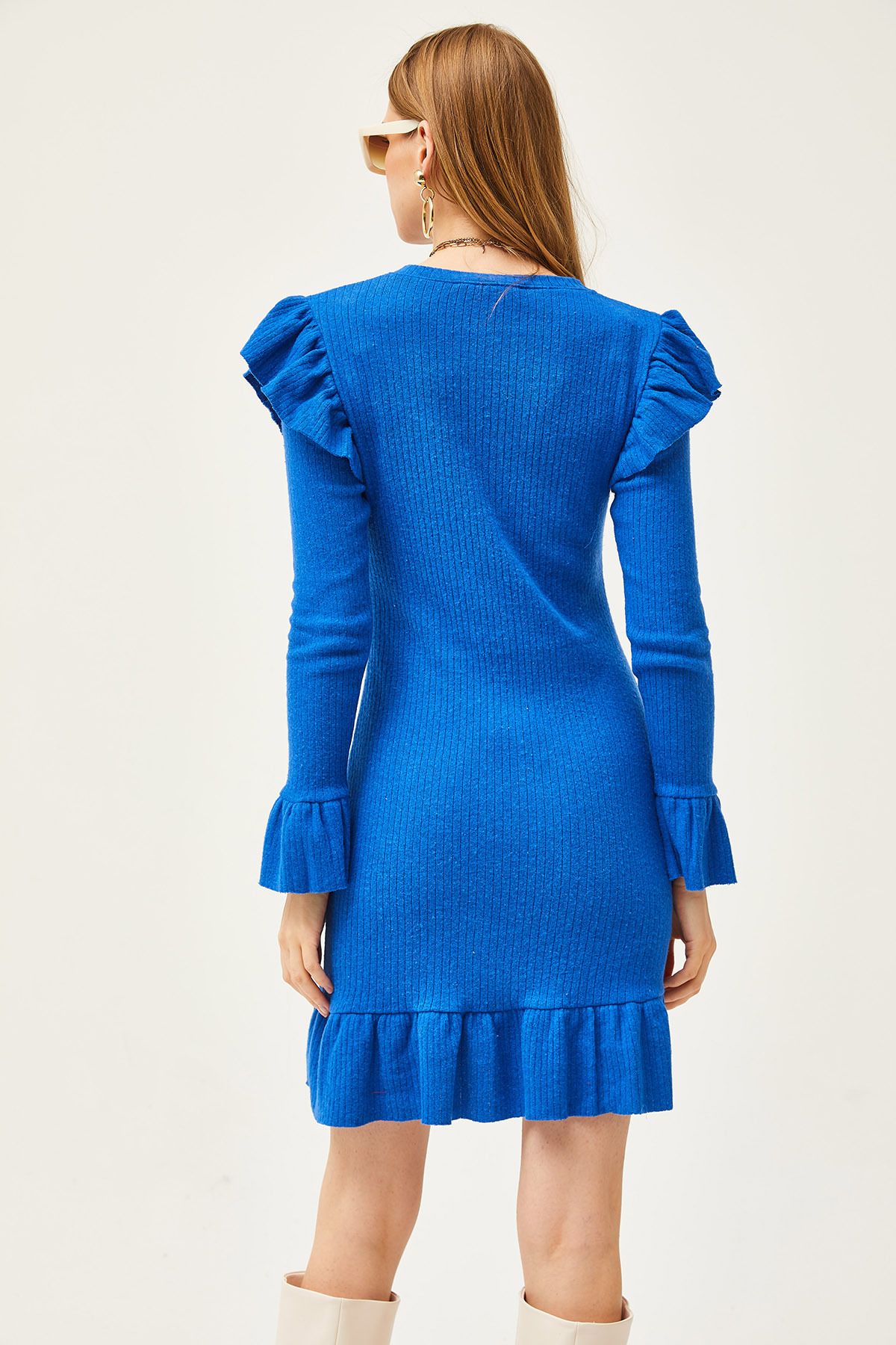 Kadın Saks Mavi Fırfır Detaylı Şardonlu Fitilli Elbise ELB-19002038