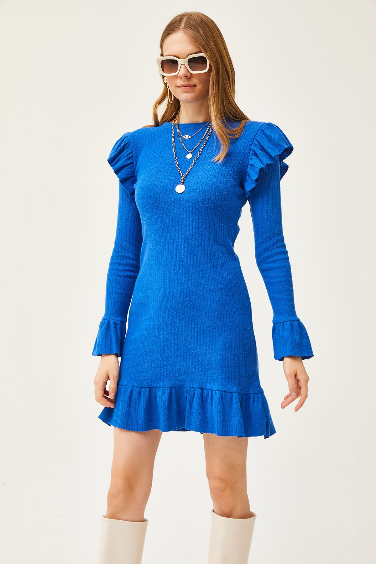 Kadın Saks Mavi Fırfır Detaylı Şardonlu Fitilli Elbise ELB-19002038