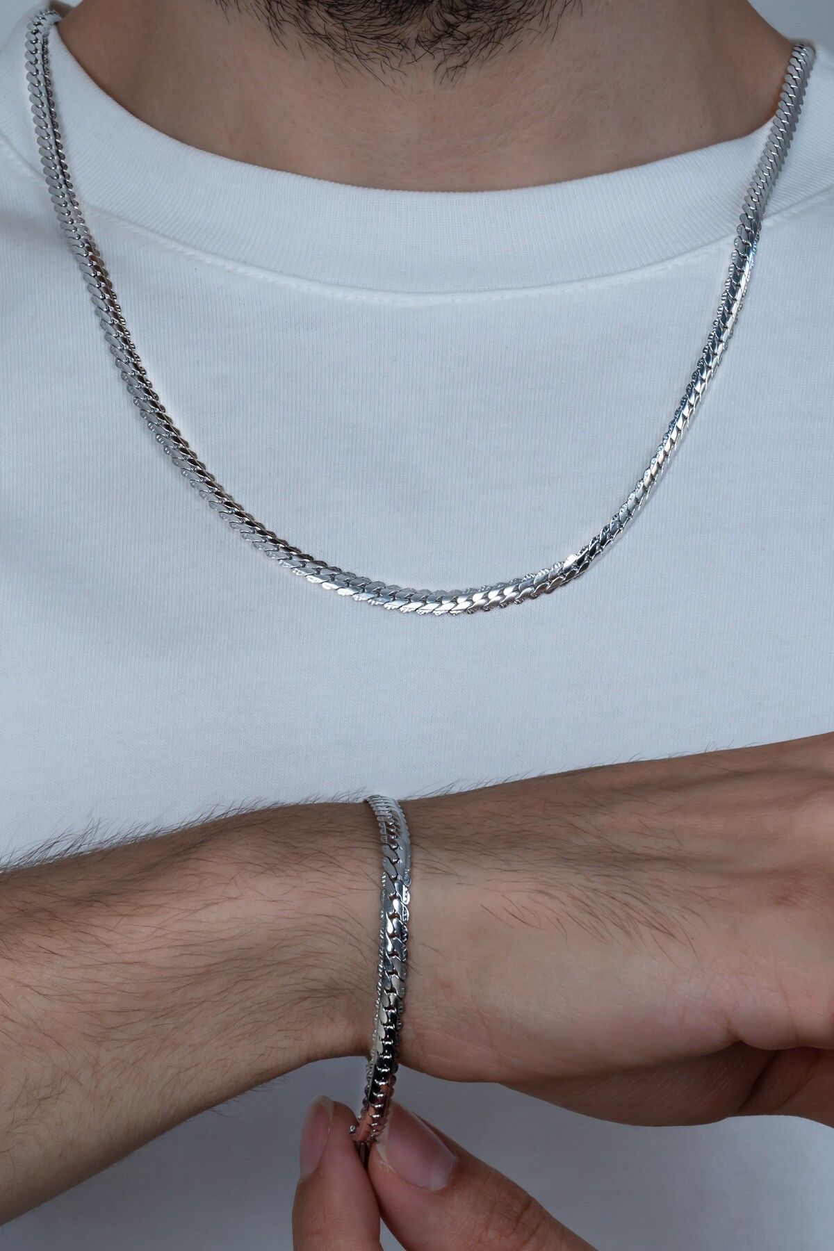 Silver Ezme Yassı Yılan Çelik Unisex Kolye Ve Bileklik Seti Eck36s Silver Ezme Yassı Yılan Çelik Unisex Kolye Ve Bileklik Seti Eck36s