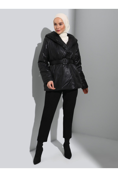 Kemerli Ceket Formlu Mont - Siyah - Kemerli Ceket Formlu Mont - Siyah -