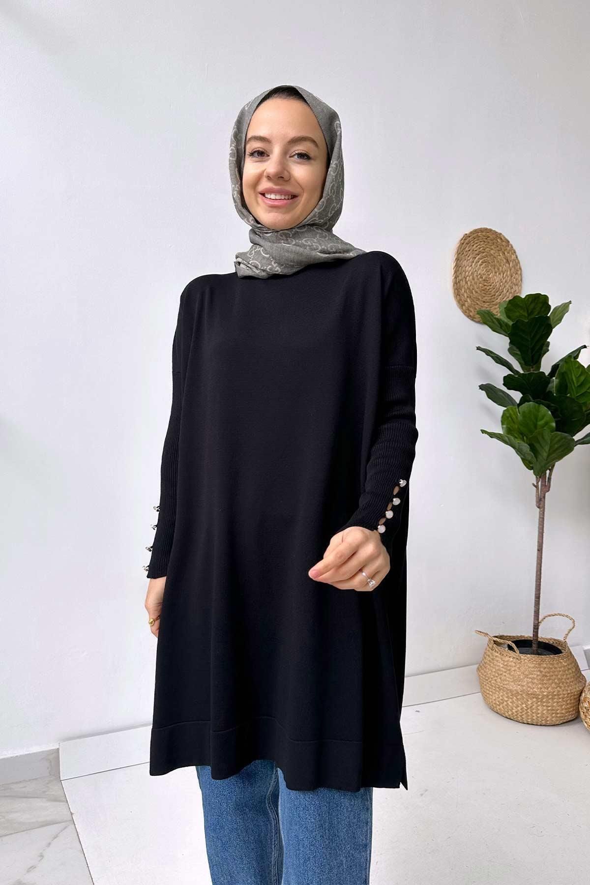Kol Detay Merserize Tunik - Siyah Kol Detay Merserize Tunik - Siyah