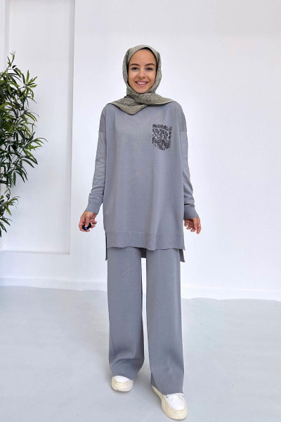 Taşlı Cep Merserize Tesettür Takım - Gri