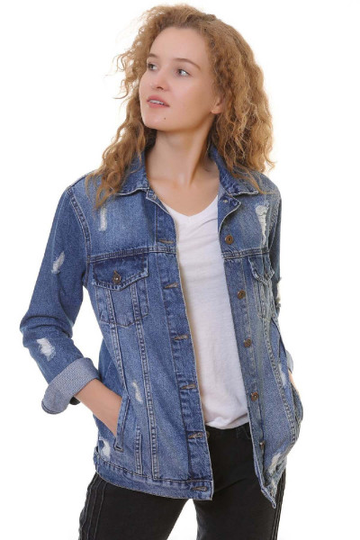 Lazer Yırtıklı ve Klasik Yakalı Uzun Kollu Cepli Klasik Kadın Kot Ceket Koyu Mavi Denim Dört Mevsim Lazer Yırtıklı ve Klasik Yakalı Uzun Kollu Cepli Klasik Kadın Kot Ceket Koyu Mavi Denim Dört Mevsim