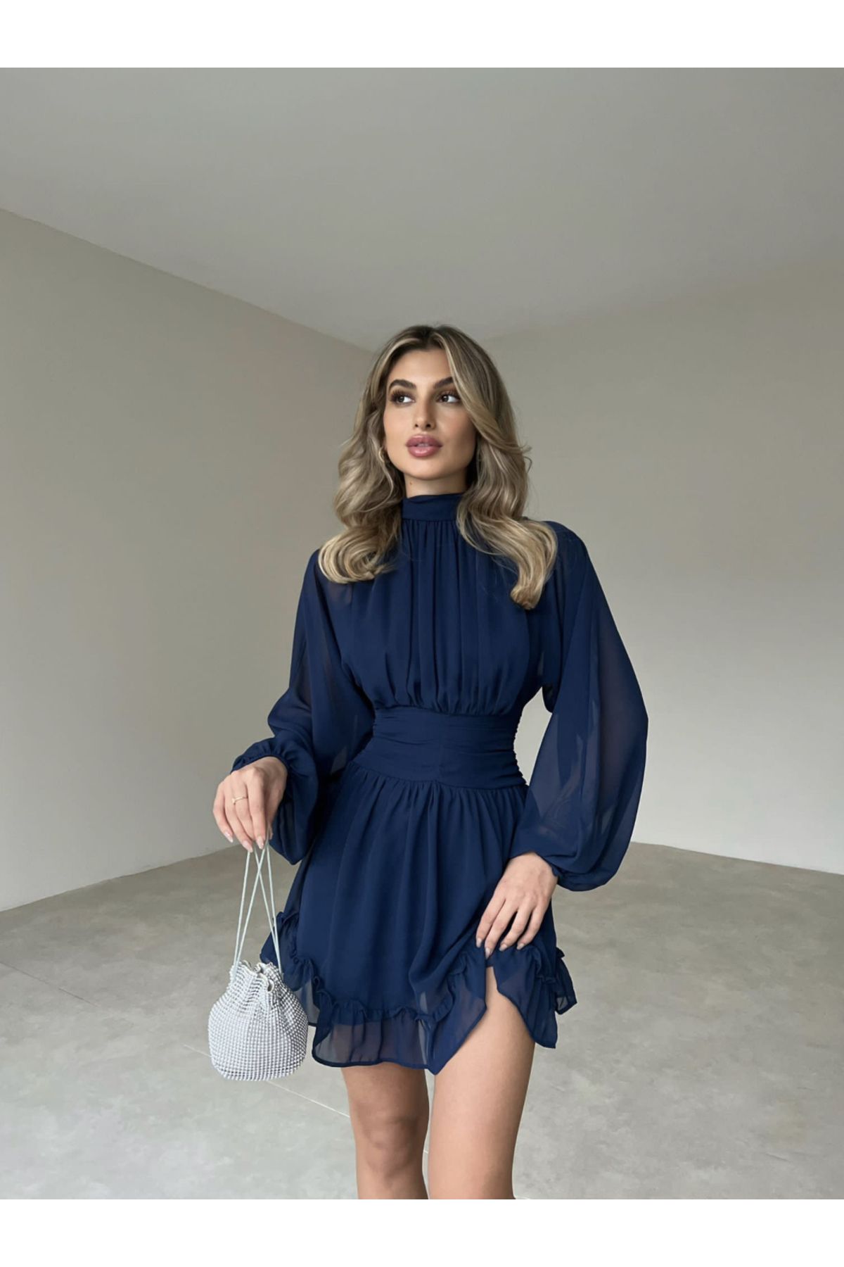Lacivert Dik Yakalı Şifon Elbise Lacivert Dik Yakalı Şifon Elbise