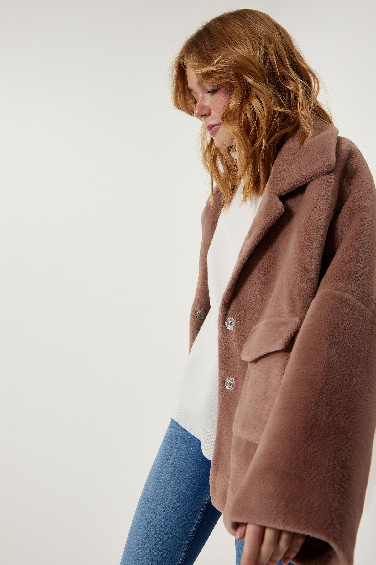 Kadın Vizon Premium Cepli Oversize Sakallı Ceket FN03171 Kadın Vizon Premium Cepli Oversize Sakallı Ceket FN03171