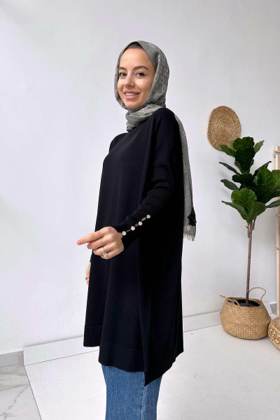 Kol Detay Merserize Tunik - Siyah Kol Detay Merserize Tunik - Siyah
