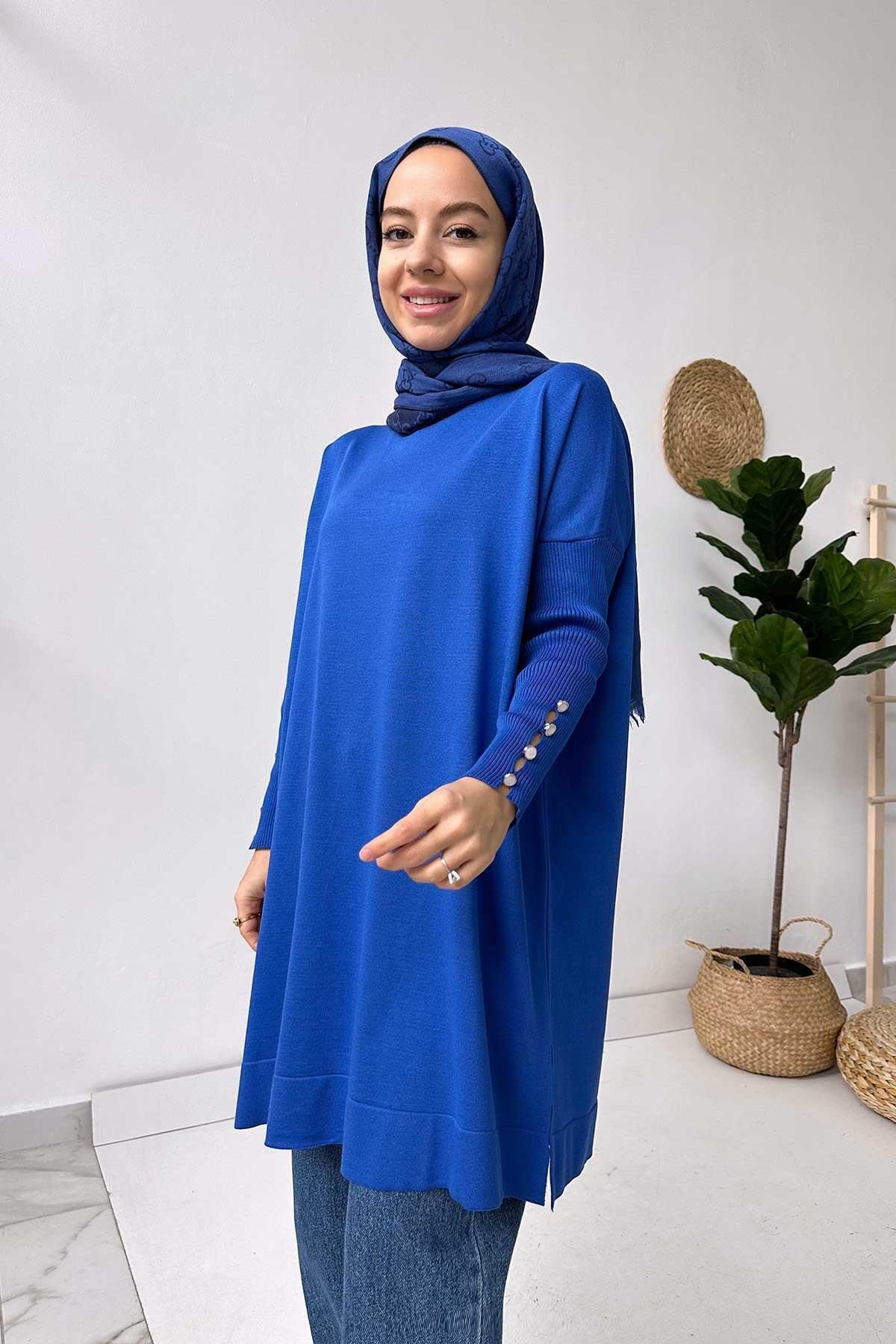 Kol Detay Merserize Tunik - Saks Mavi Kol Detay Merserize Tunik - Saks Mavi